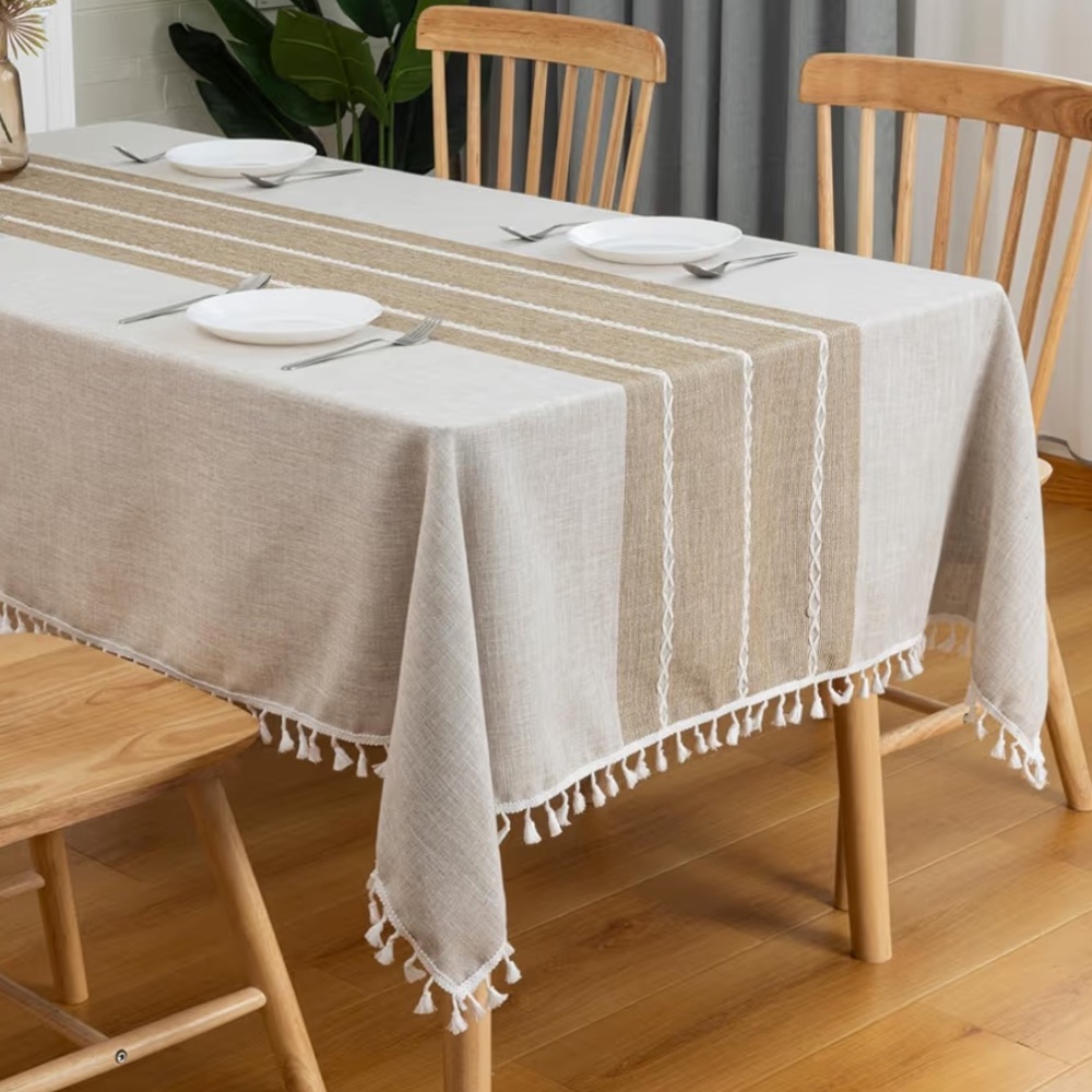 Cotton & Linen Rectangle Table Cloth - Tan & Brown